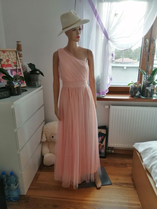 Długa morekowa koralowa sukienka maxi na jedno ramię 36 S Boohoo