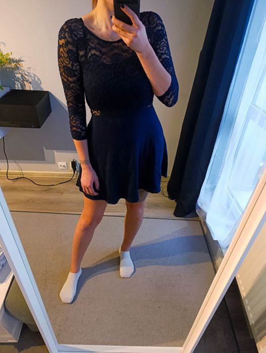 Sukienka damska, koronkowa, granatowa, długi rękaw, S, 36, H&M