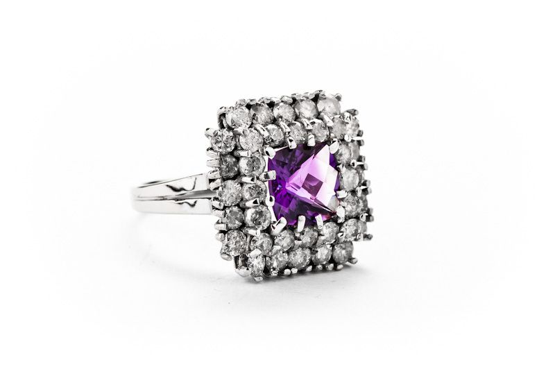 Złoty Pierścionek - 18K - 6,99g - AMETYST - DIAMENTY - KRAKÓW