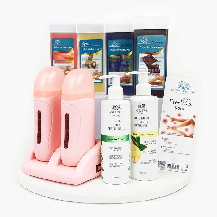 Набір для депіляції двокасетний Pink воскоплав,Касети, До і Після