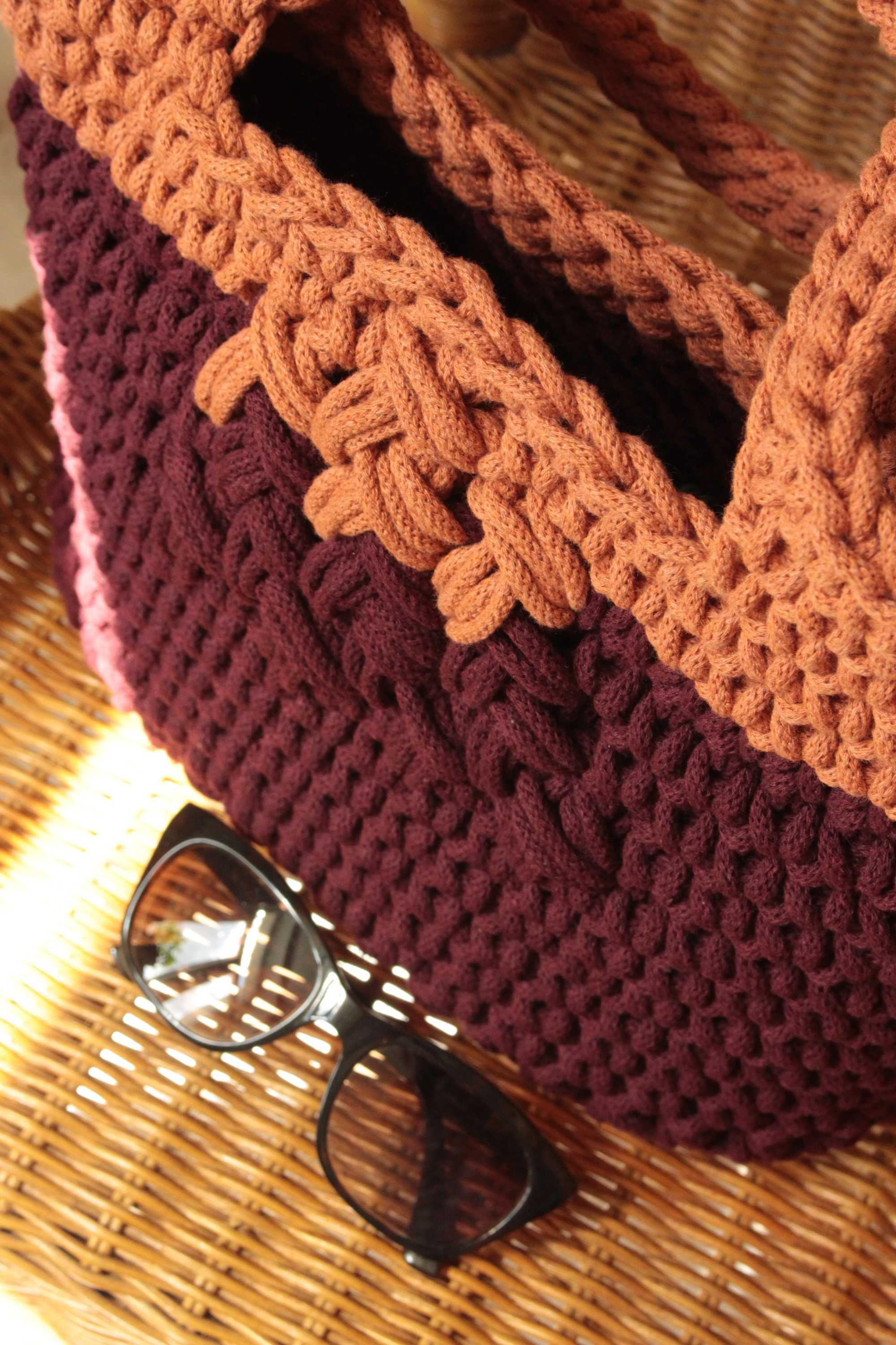Szydełkowa torba z wzorem | sznurek bawełniany | burgund i terakota