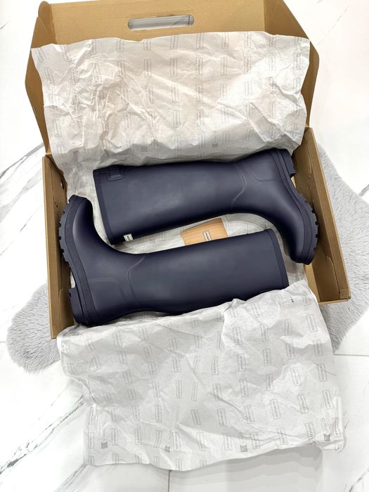 Wysokie matowe granatowe navy kalosze Hunter 40 regulacja cholewki