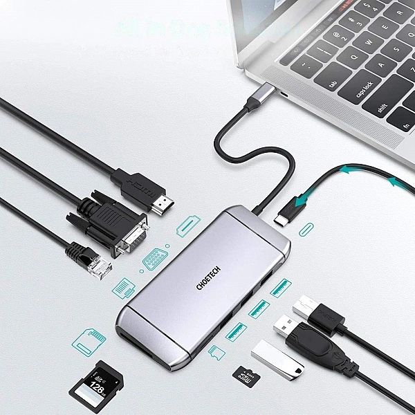 Choetech 9w1 wielofunkcyjny HUB USB Typ C - 3x USB 3.2 Gen 1 / czytnik
