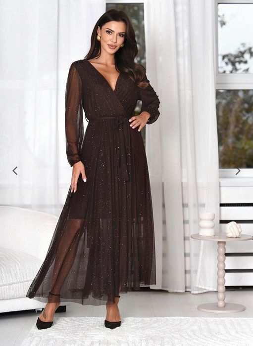 Czekoladowa sukienka brązowa błyszcząca perłowa święta Andrzejki viral