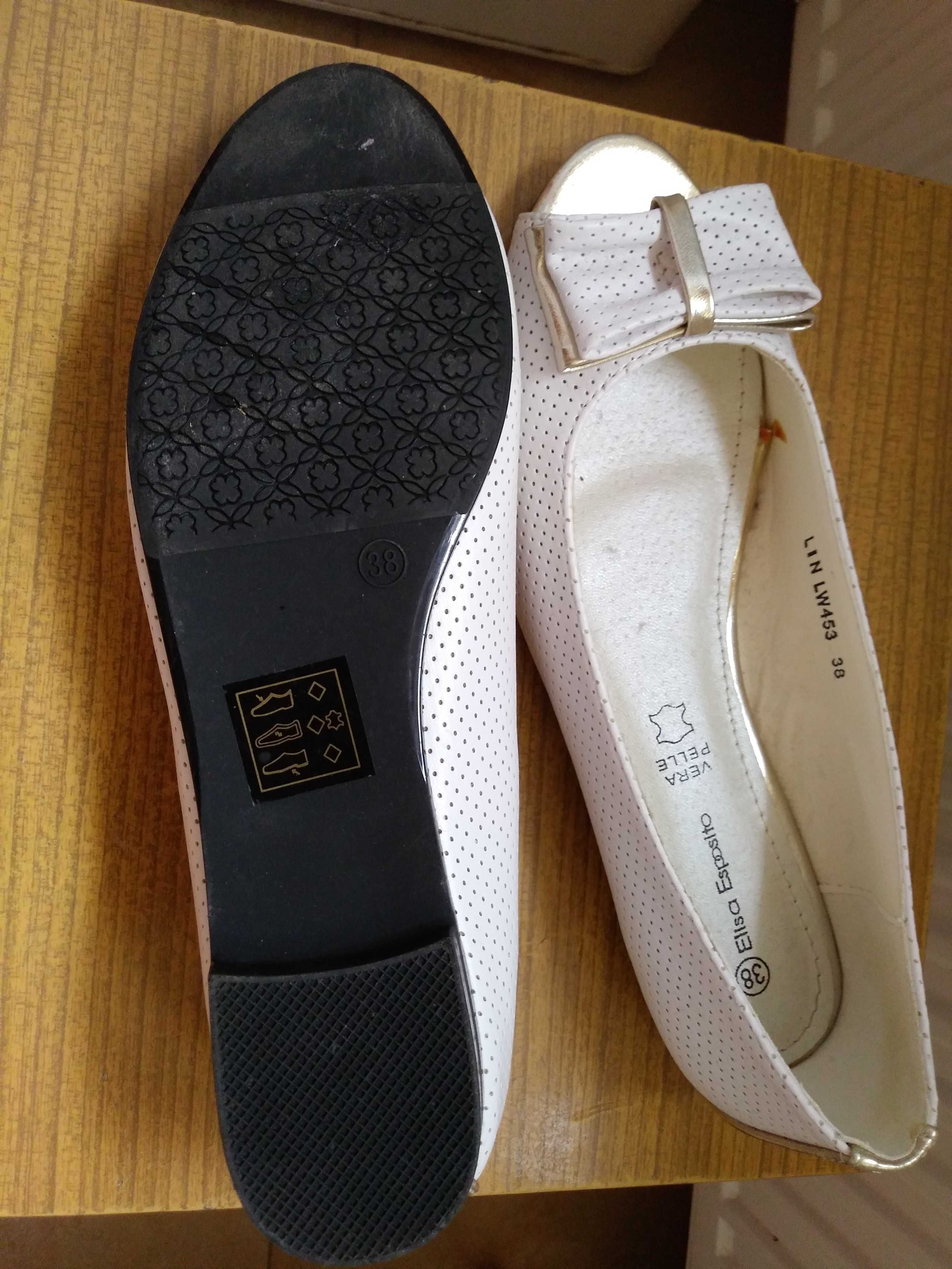 Eleganckie biało-złote baleriny z kokardą r.38