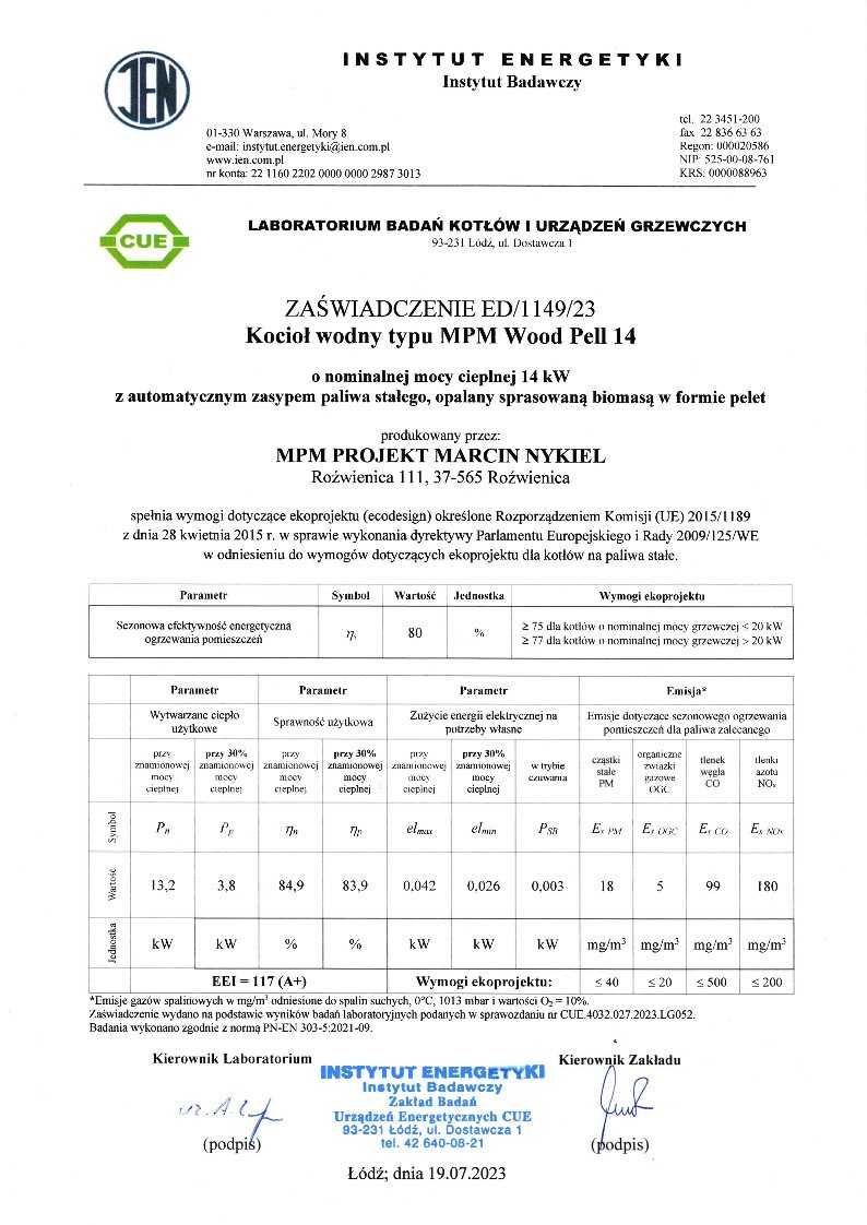 Kocioł na pellet z rusztem na drewno | MPM WOOD PELL 14 kW | Lista ZUM