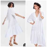 ZARA S-M Biała naturalna sukienka midi w stylu Boho 99% bawełna