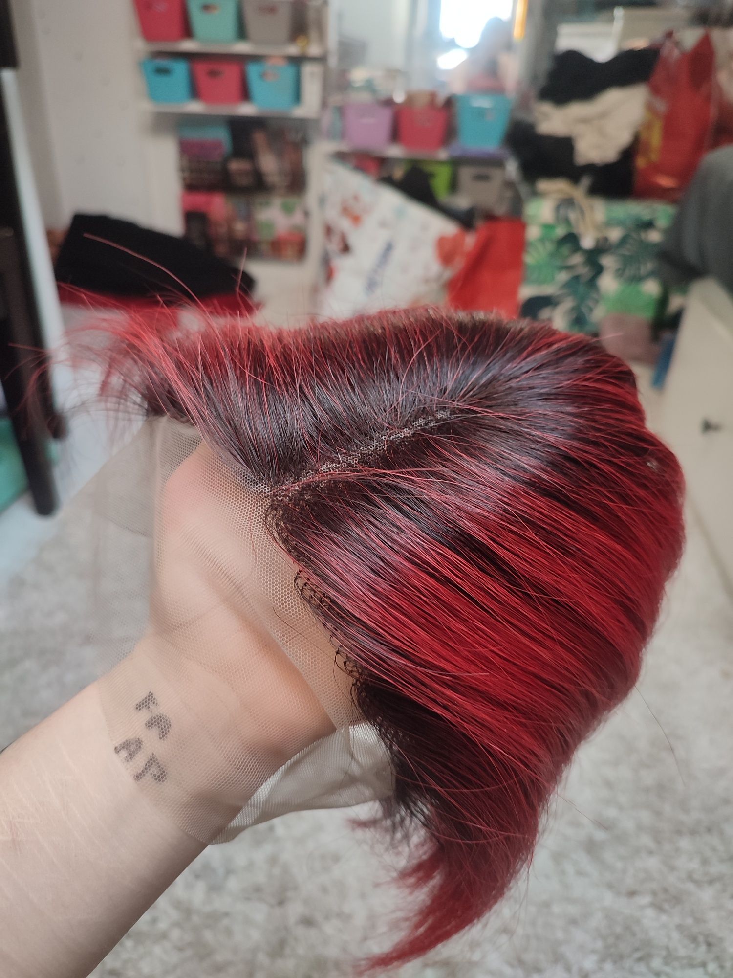 Peruka ludzkie włosy lace front ombre WIG Red Czerwona cosplay na co d