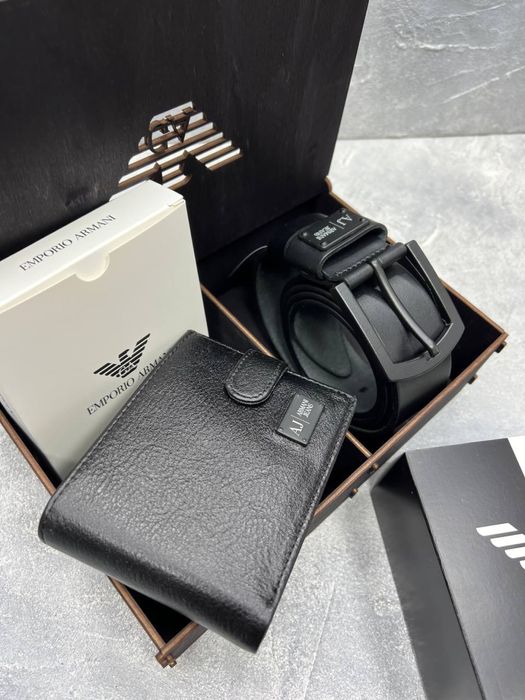 Мужской ремень+портмоне из кожи в деревянном боксе на подарок