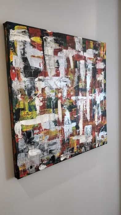 Pintura abstrata em acrílico sobre tela, com dimensões de 60x60cm.