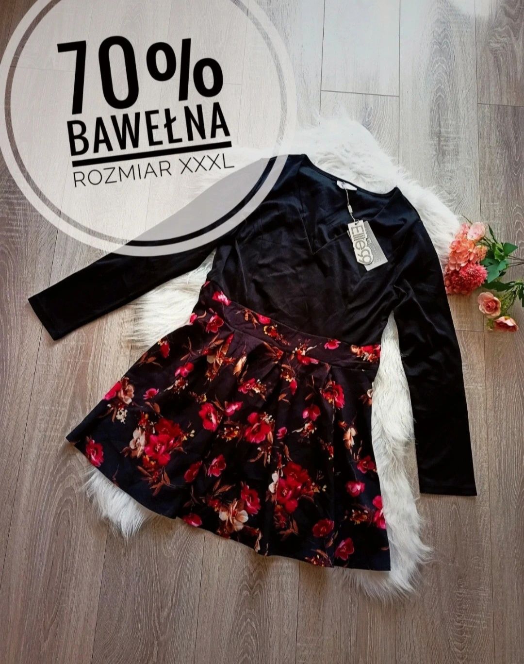 Nowa z metką sukienka damska czarna w czerwone kwiaty Elite99 XXXL