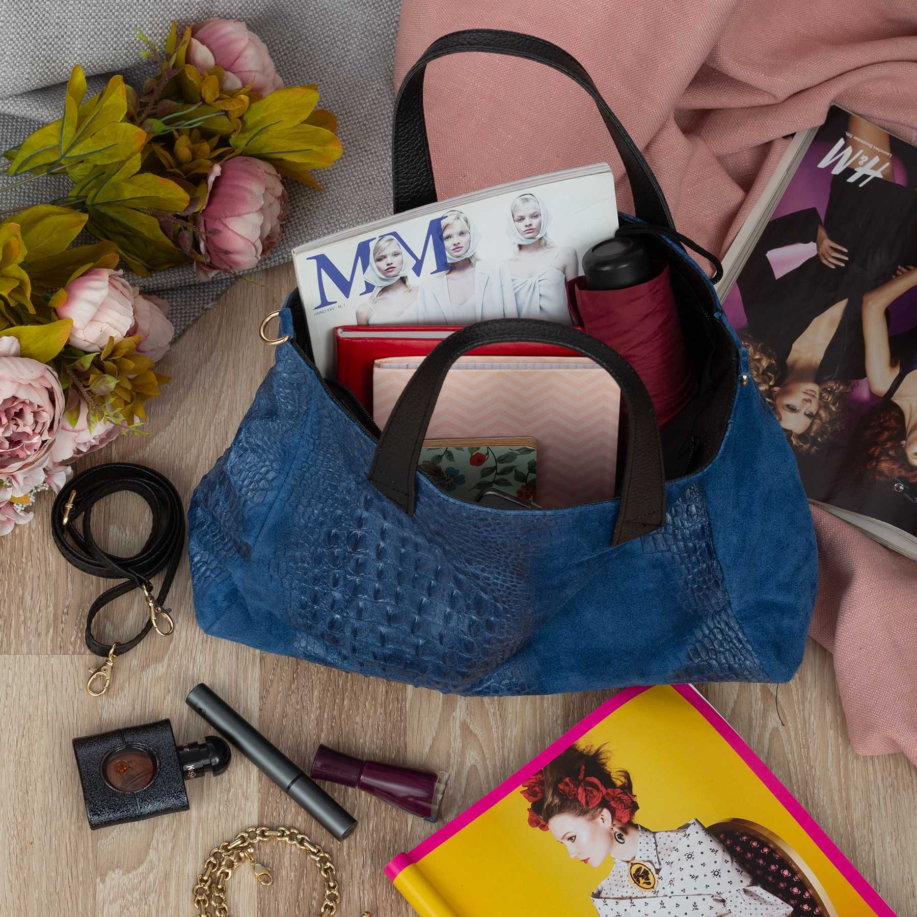VERA PELLE torebka zamszowa shopper kroko z paskiem V543 c.jeansowa