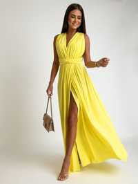 Sukienka żółta długa maxi wiązana 36,38 piękna plecy dekolt elastyczna