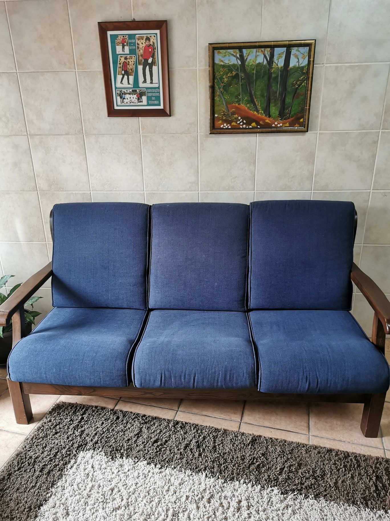 Conjunto de sofá + 1 poltrona azul marinho