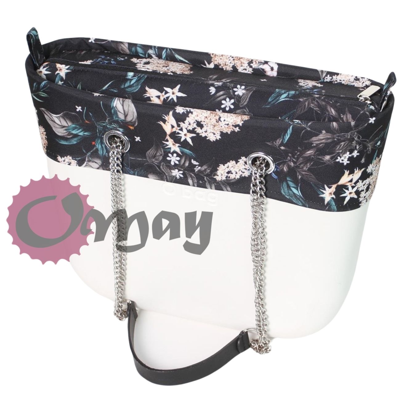Czarny organizer OBAG MINI +OPASKA kwiaty bzy konwalie 2kieszenie OMAY