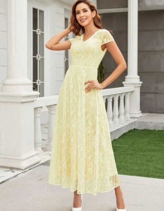 Żółta koronkowa sukienka maxi wizytowa letnia