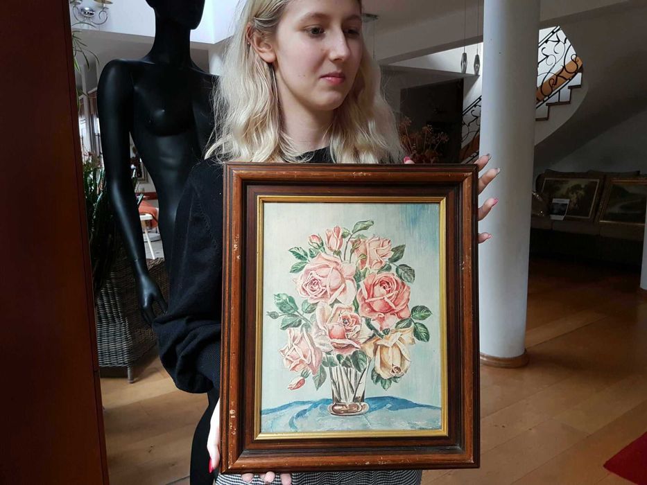 Obraz ręcznie malowany RÓŻE "Bukiet róż w wazonie" w ramie 33x39cm