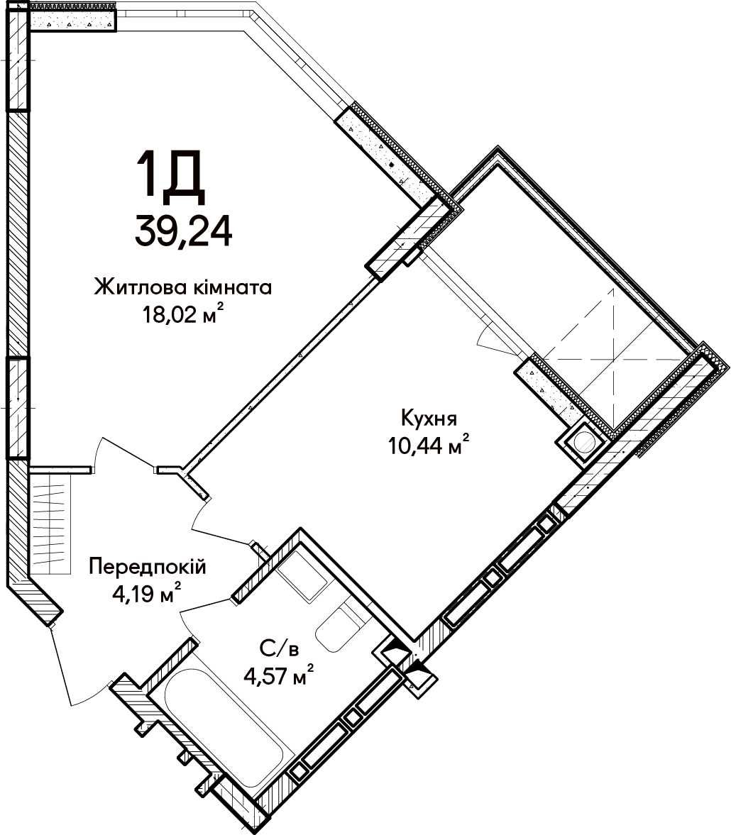 1к квартира 39,24м². Розтермінування до 36 місяців. ПВ від 30%.