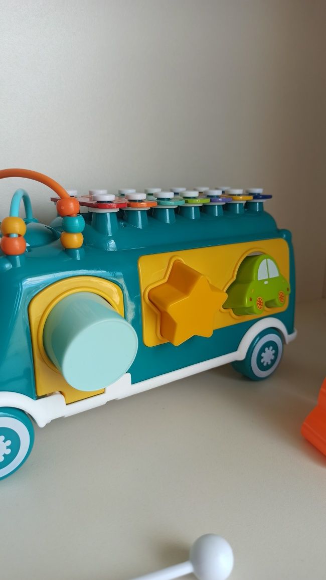 игрушка логическая машинка автобус музыкальная ксилофон детям  барабан