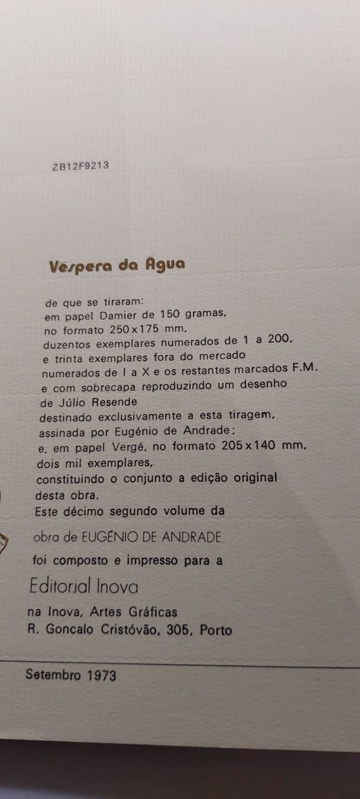 Véspera da Água - Eugénio de Andrade (1ª edição, 1973)