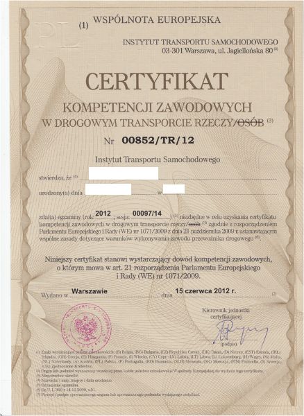 Certyfikat Kompetencji Zawodowych RZECZY/OSÓB, LICENCJE, ZEZWOLENIA
