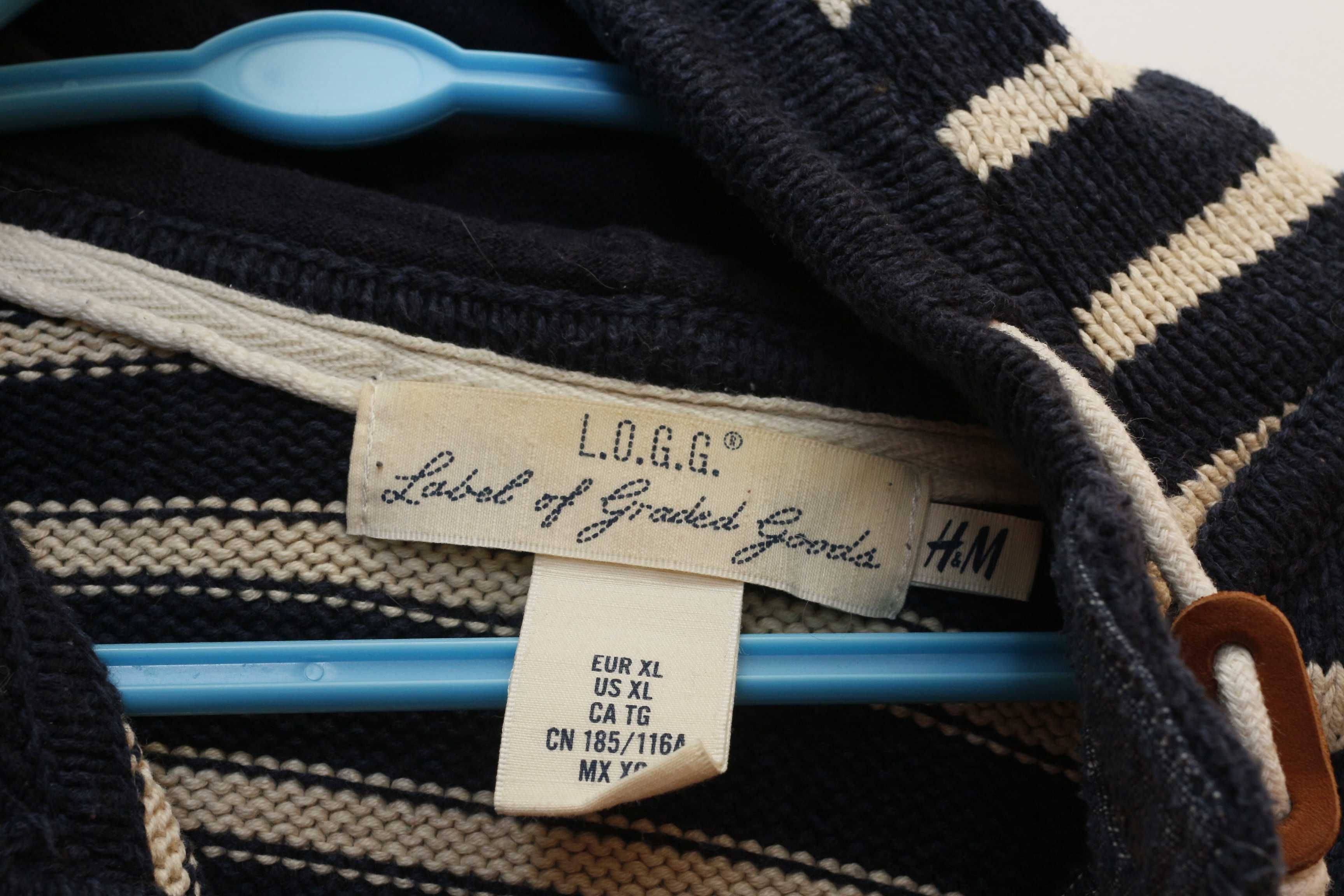 H&M XL Sweter L.O.G.G. w paski ciepły ciężki z kapturem