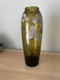 Szklany wazon ręcznie malowany w kwiaty - PRL