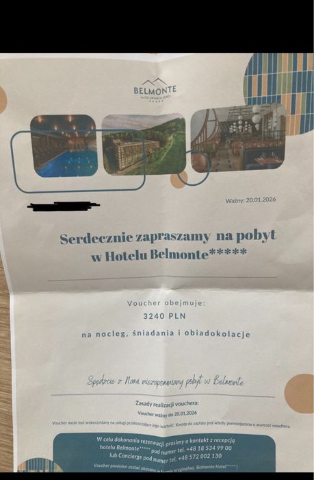 Voucher, hotel Belmonte w krynicy zdroju.