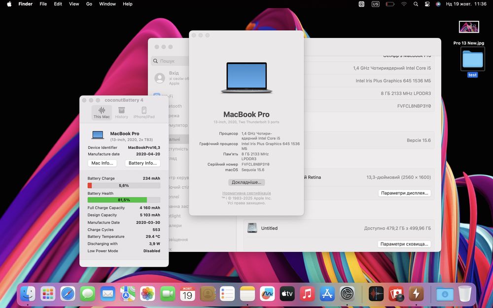 Ноутбук MacBook Pro 13” 2020 i5 8ОЗУ 512GB SSD стан  8,5/10 #77949