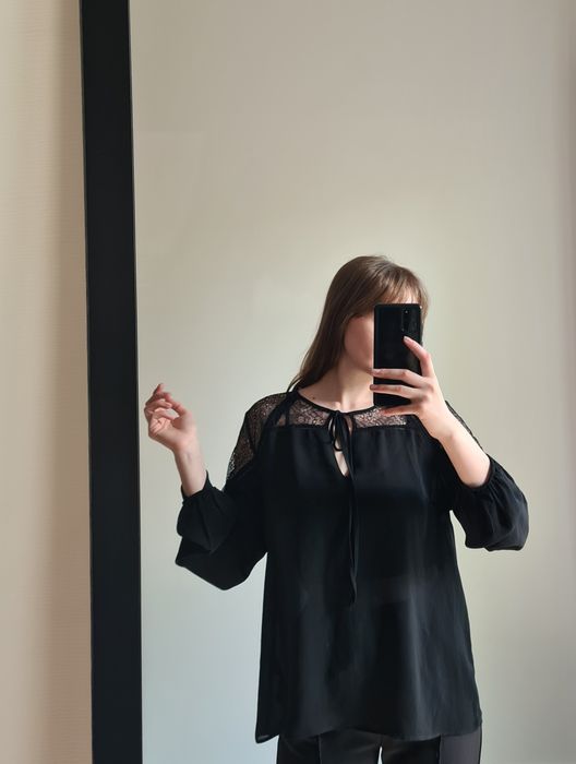 Elegancka czarna szyfonowa bluzka koronka długi rękaw XL/42