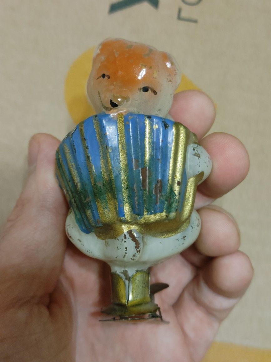 Ёлочная игрушка медведь с гормошкой из СССР старая винтажная