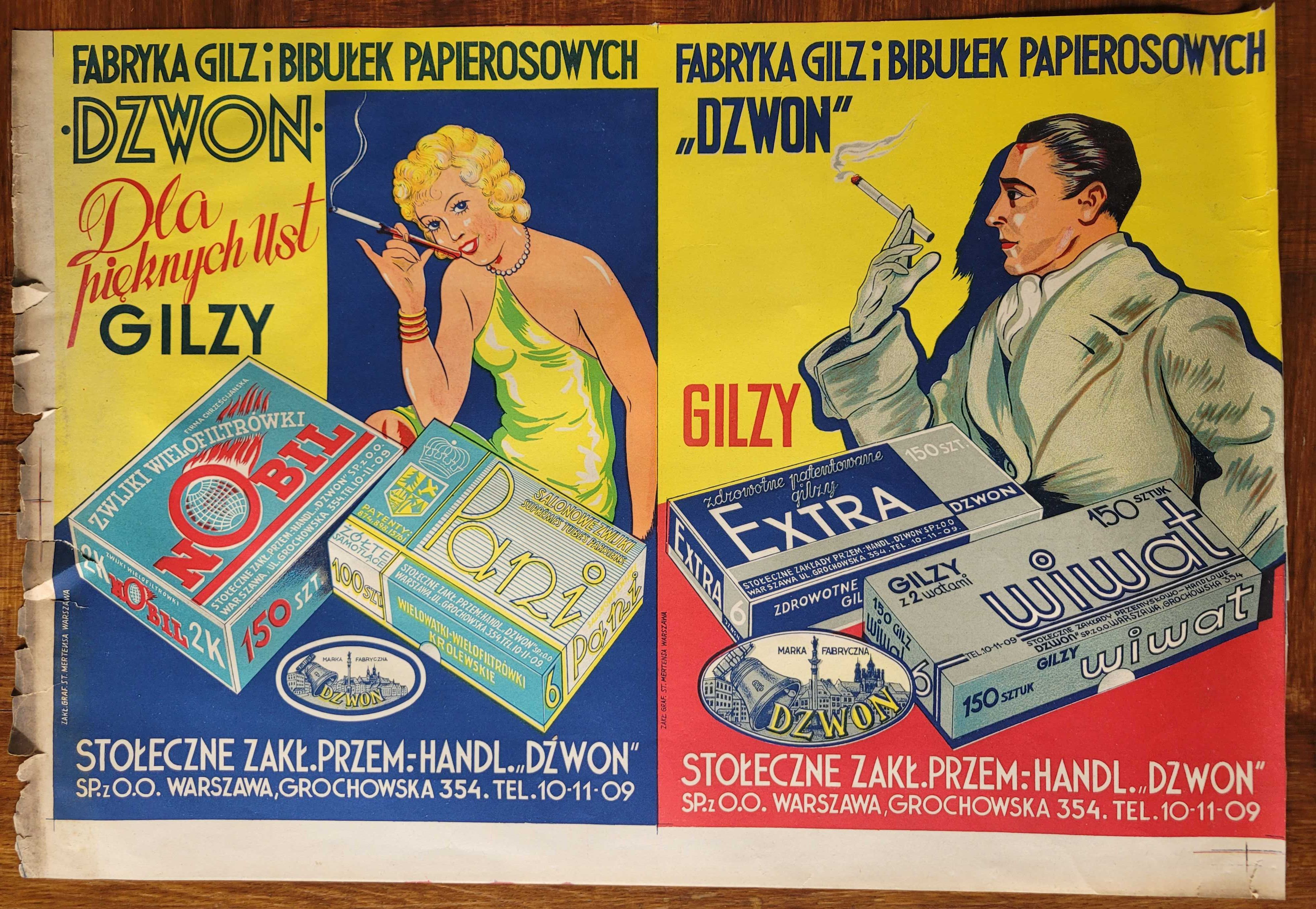 Stary przedwojenny plakat Fabryka Gilz i Bibułek Warszawa