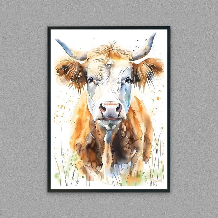 plakat akwarela krowa, kolorowy stylowy plakat do salonu grafika krowy