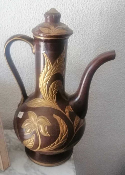 Antigo Jarro cerâmica c/ tampa, pintado à mão - Artesanato Português