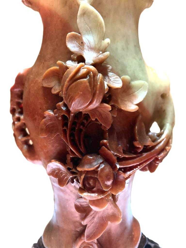 Vaso Decoração Antigo Esculpido A Mão Em Pedra de Sabão ou Jade - 1890