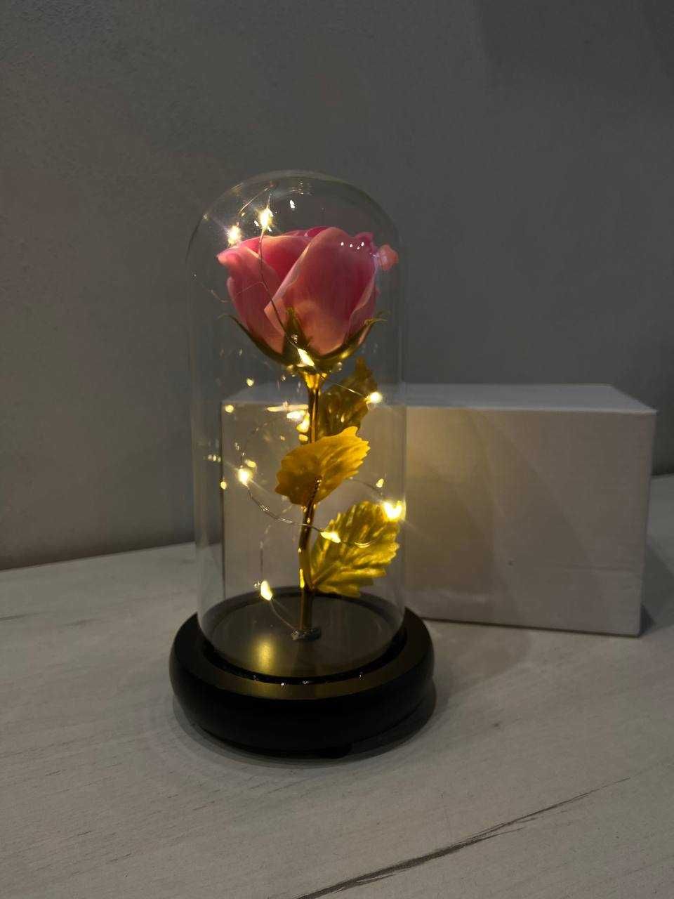 Роза с LED подсветкой  в колбе розовая 21 см