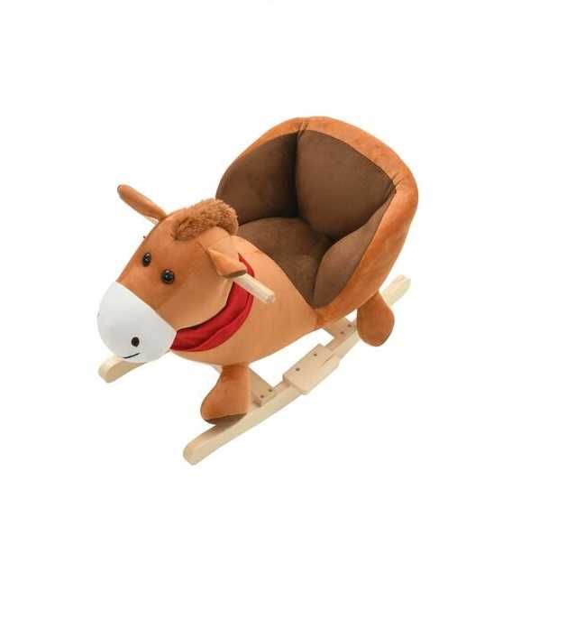 Konik na biegunach z oparciem, pluszowy, 60x32x50 cm, brązowy