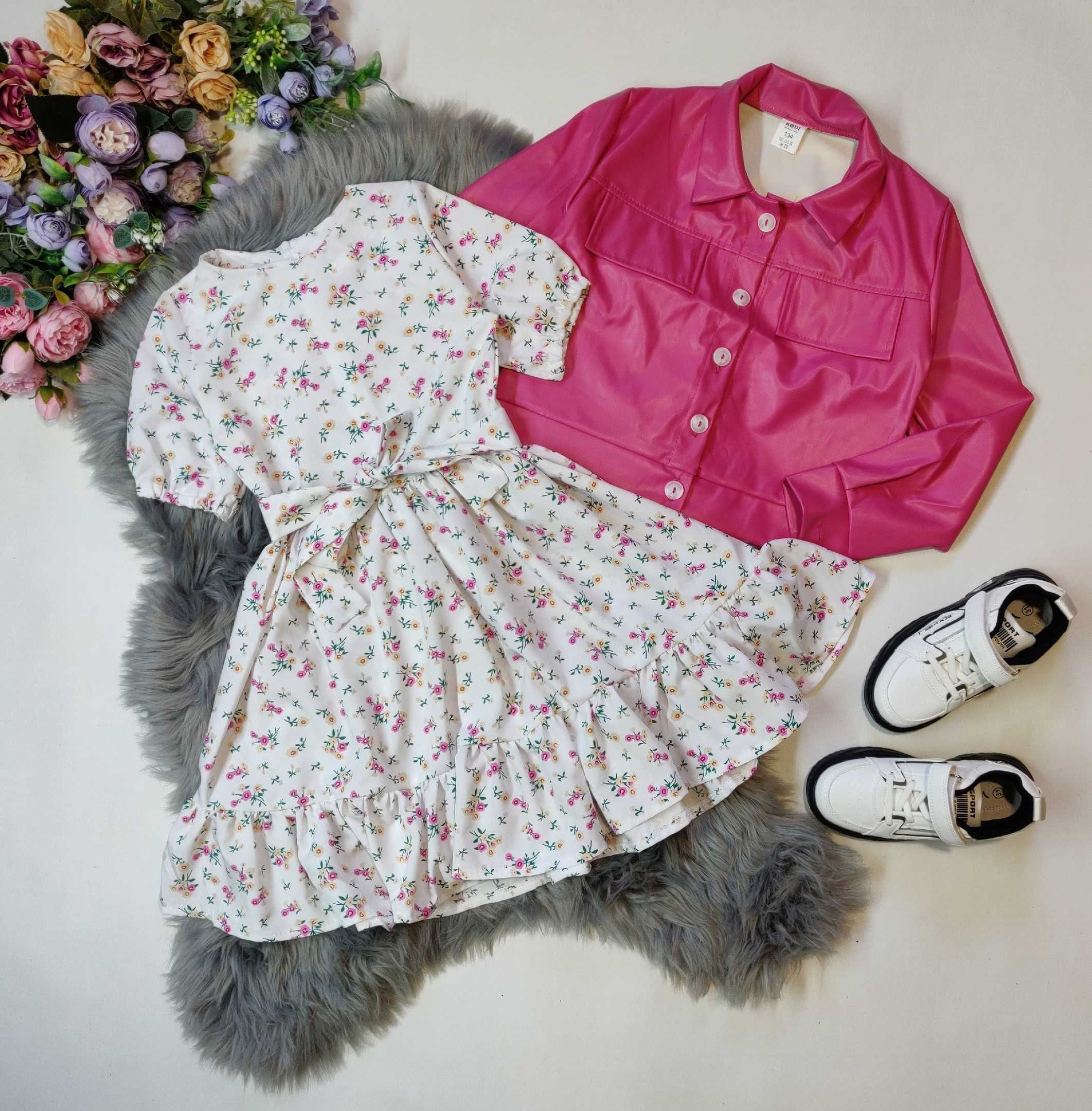Модний комплект для дівчинки, сукня софт, піджак з екошкіри р134-158