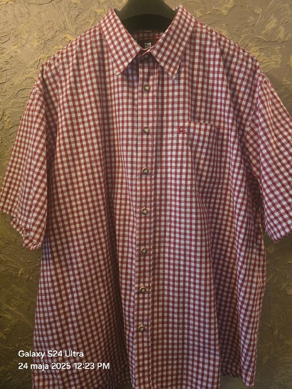 Elegancka niemiecka koszula myśliwska w kratę XXXL. Guziki rogowe.