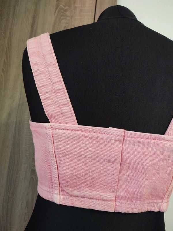 Różowy Jeansowy Crop Top na Ramiączkach 100% Bawełna Rozmiar S/M