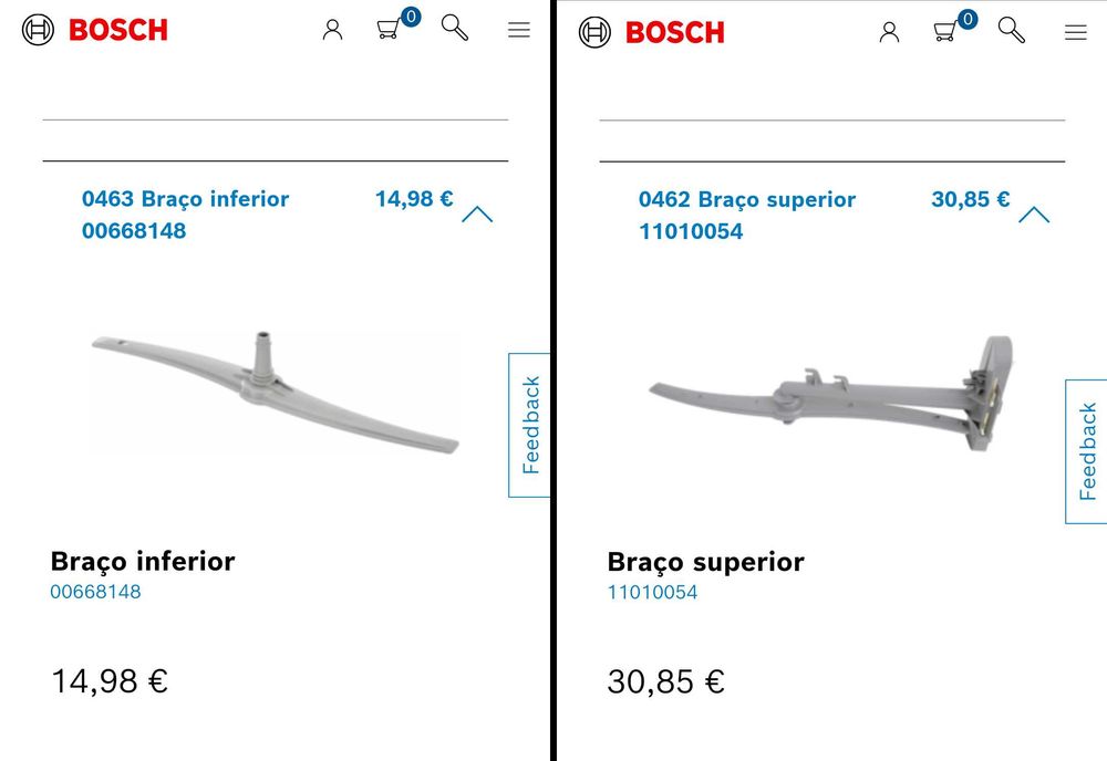 Peças máq loiça Bosch Siemens Balay - filtro e braços - vários preços