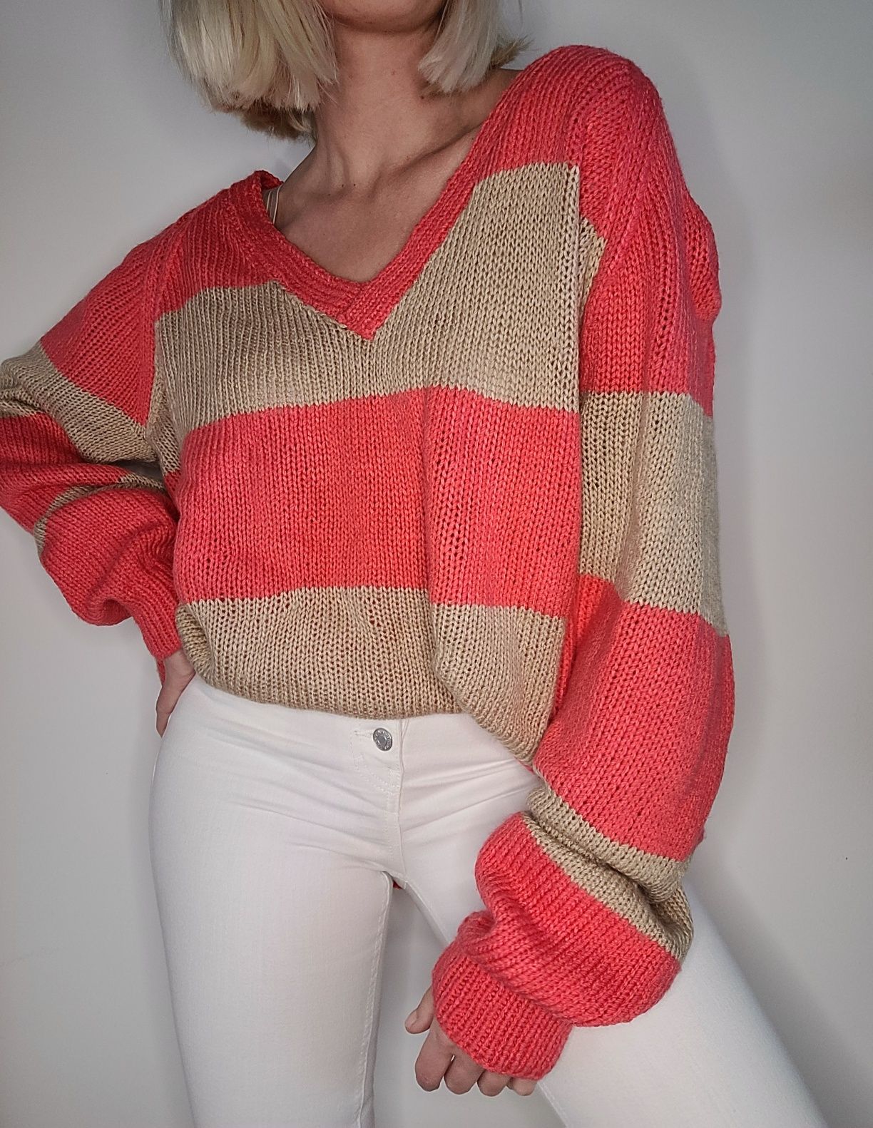 Sweter w pasy oversize boho handmade