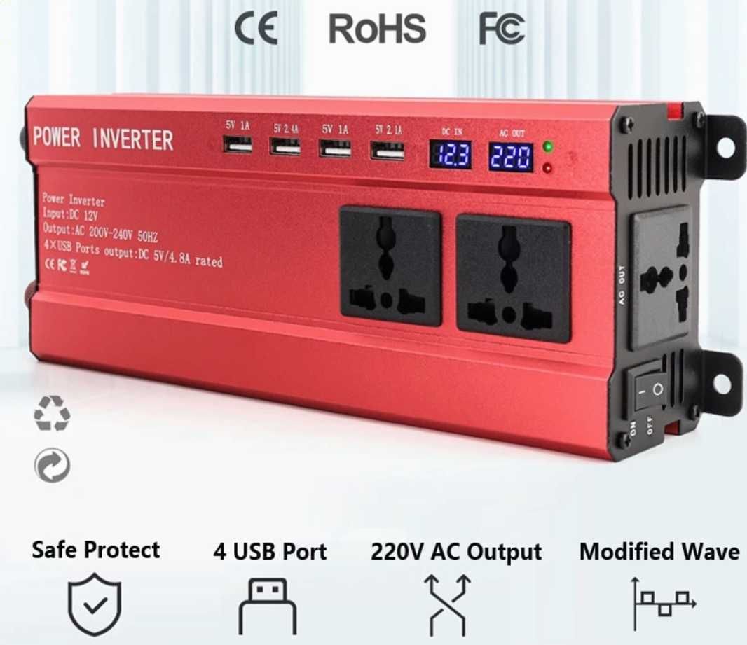 Інвертор 2000w - 12/220V - 3 розетки, 4 usb