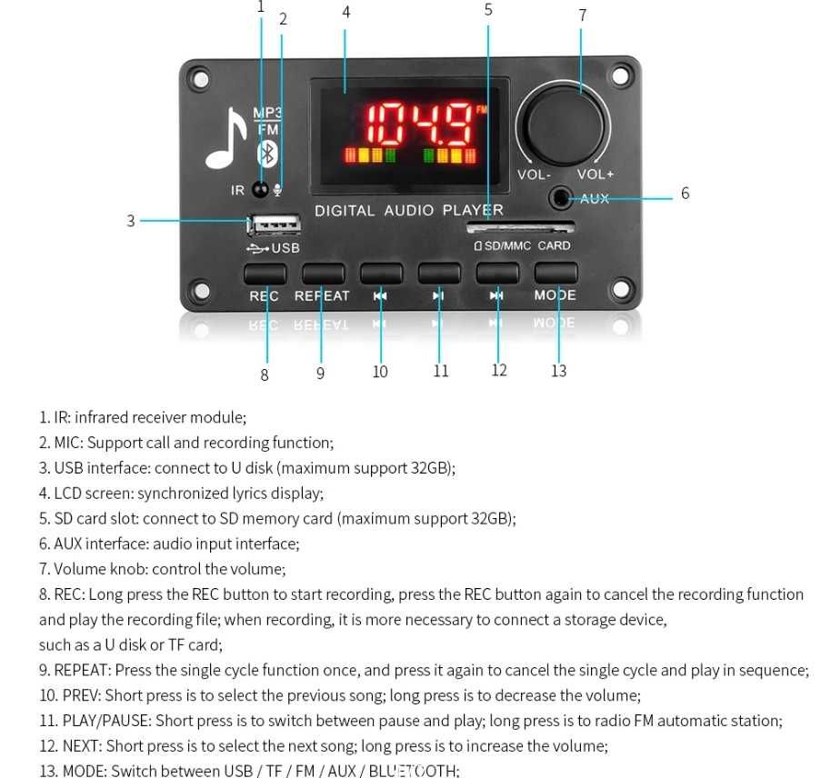 Bluetooth, mp3 модуль 5-26 В постійного струму, 80 Вт