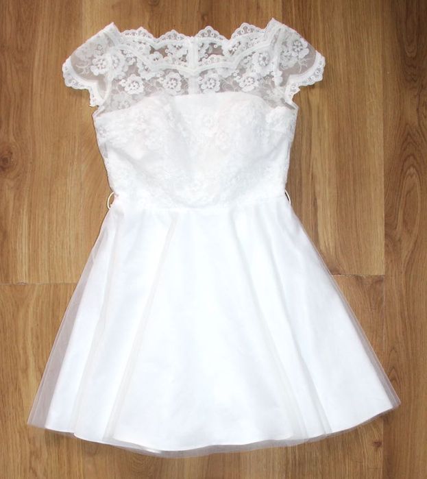 biała sukienka suknia ślubna krótka koronka 36 s ecru madonna
