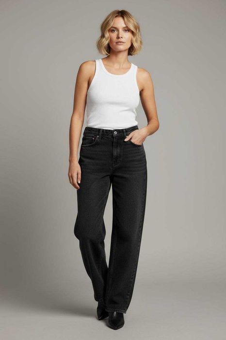 ZARA джинсы Balloon Fit, черные вареные, 100% хлопок, р. 46/L