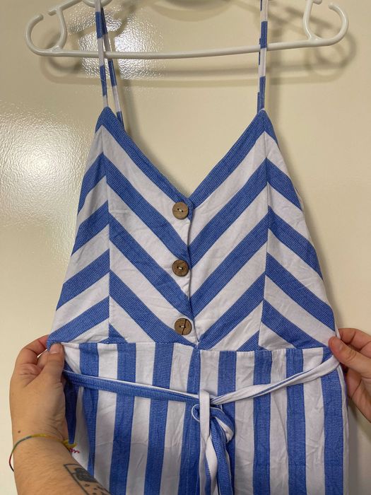 Macacão Algodão Riscas Azul Branco c/ cinto, M