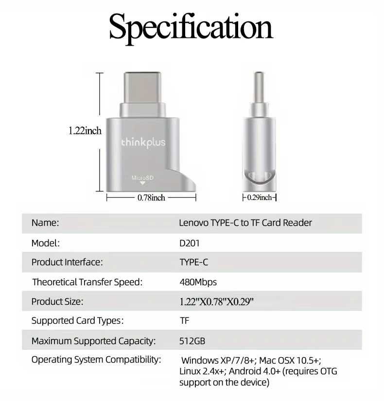 Czytnik kart Lenovo D201 do 512 GB 480 mb/s - USB-C TF Micro SD OTG