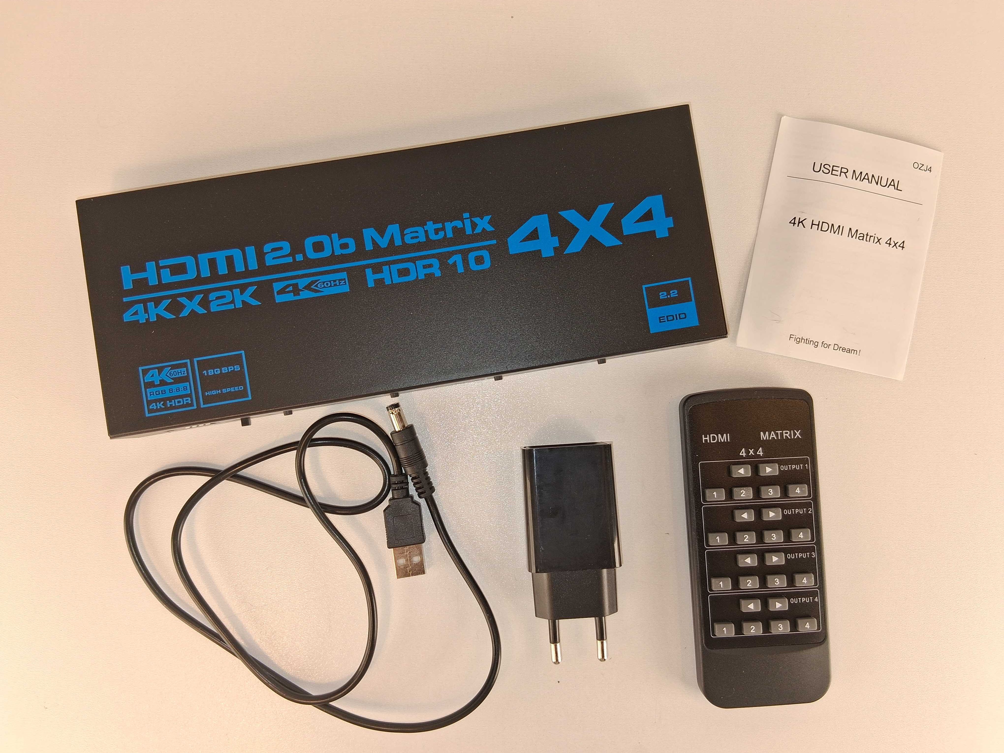 E135 HDMI Matrix 4x4 2.0b 4K HDR10 Z Pilotem I Zasilaniem