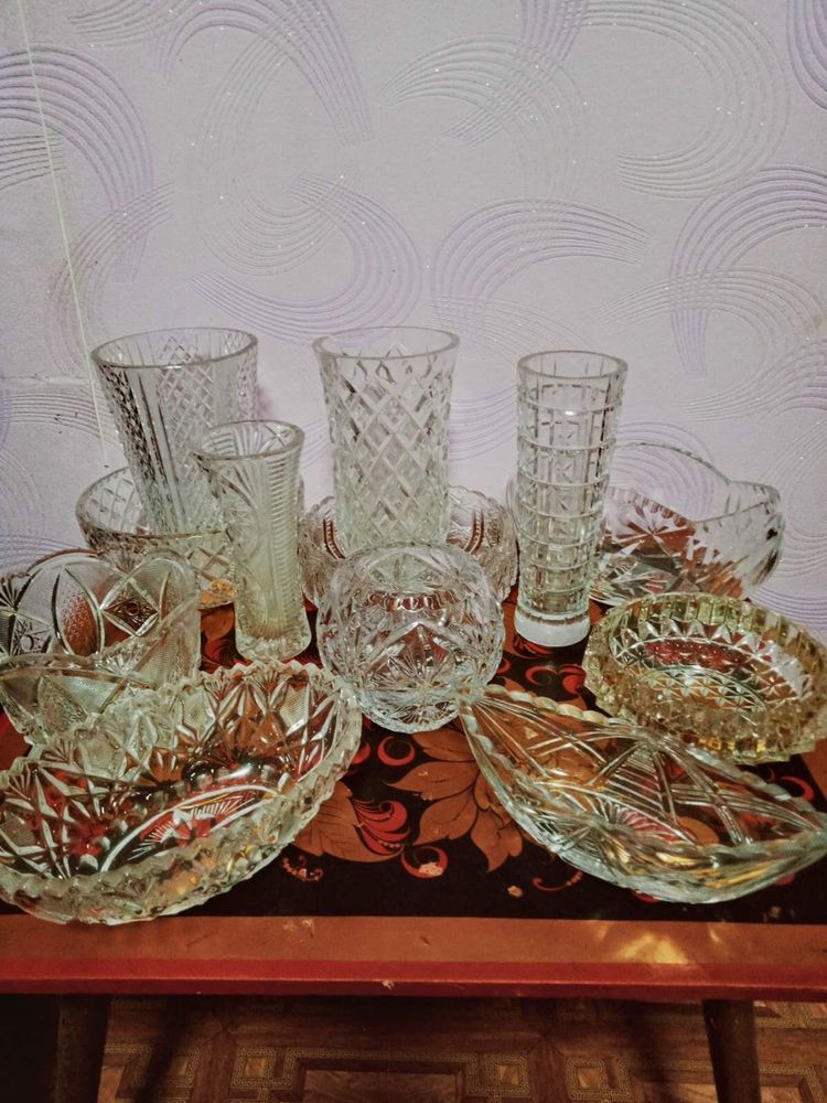 Хрустальные вазы, графины времён СССР, салатницы, (конфетница), Рог